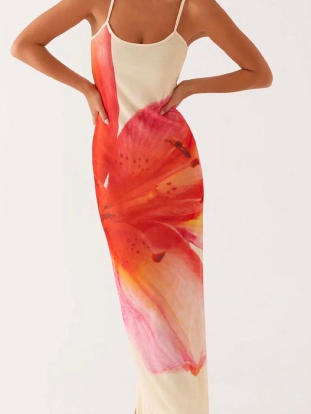 Peppermayo Cream Maxi Slip Dress with Coral-Pink Floral Print